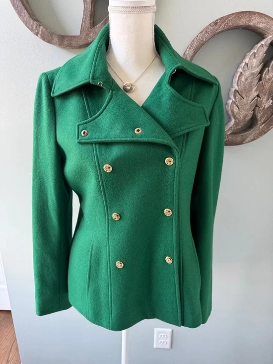 Guess Emerald Green Double-Breasted Pea Coat with Gold Buttons. Size M - Picture 3 of 7